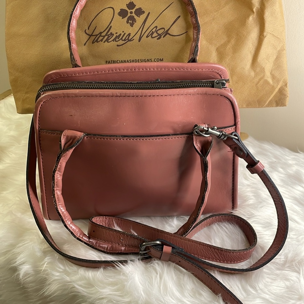 PATRICIA NASH PARIS tooled OLD ROSE SATCHEL. Note- scuff marks on bottom and ink - Picture 10 of 12